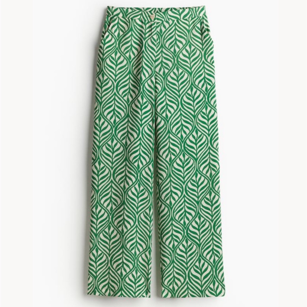H&M Green Leaf drapey wide leg pants vacation Size 10 Large NWT - Picture 2 of 7